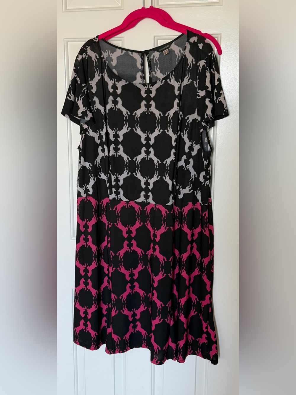 Anna Scholz Black Dress with White and Magenta Horse Print